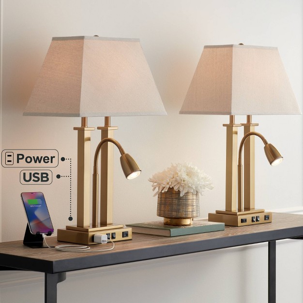 High Traditional Desk Lamps Set Of 2 Usb Port Ac Power Outlet Gooseneck Gold Brass Finish Metal Home Office Charging