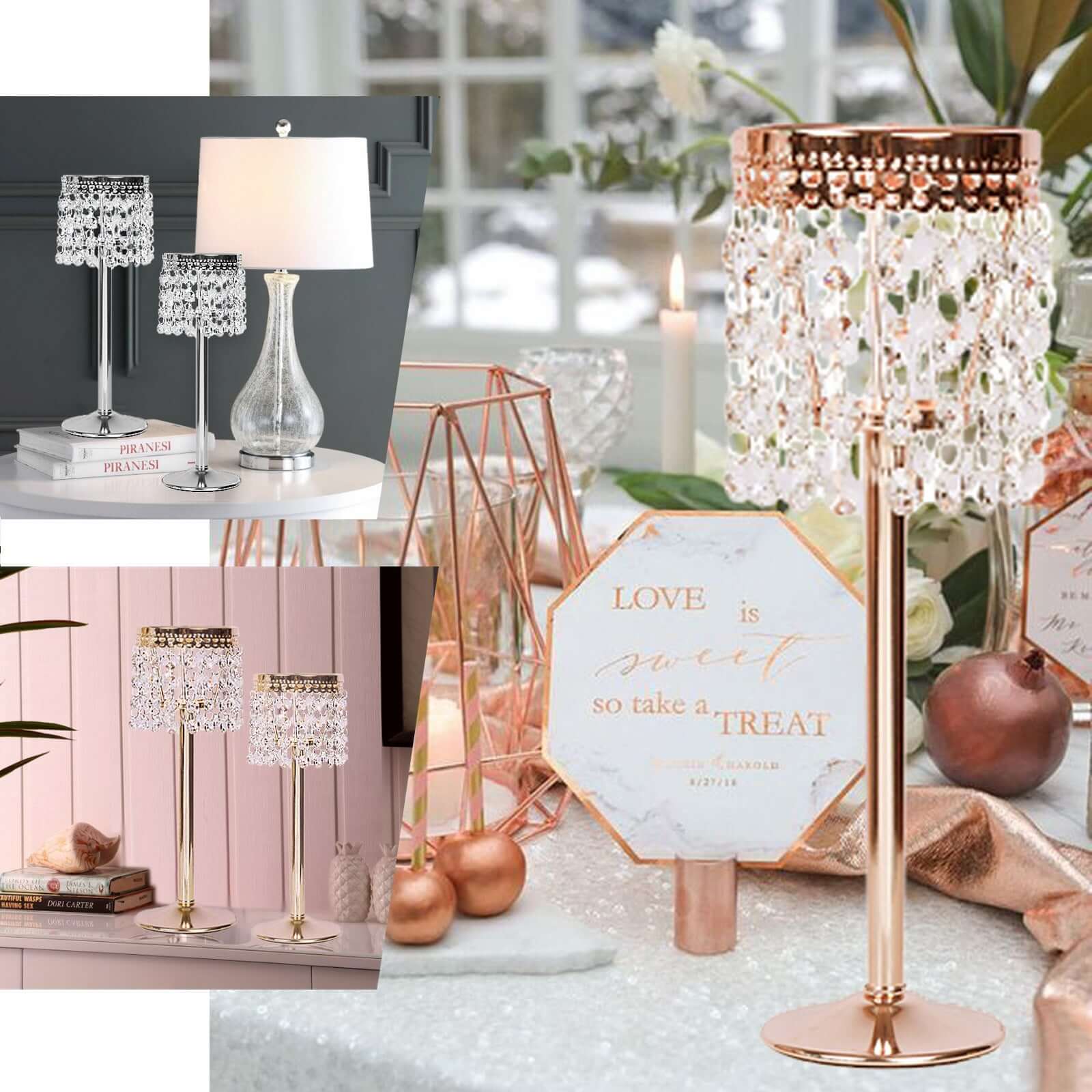 Rose Gold Crystal Beaded Chandelier Votive Pillar Candle Holder, Metal Tealight Candle Stand 12