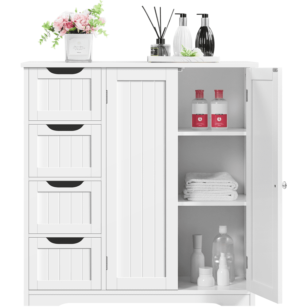 SmileMart Wooden Bathroom Floor Storage Cabinet with 4 Drawers and Double Doors for Home, White