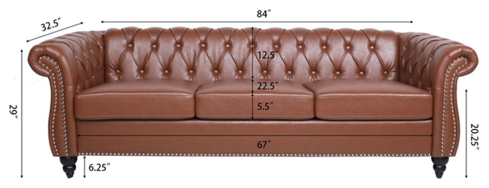 CRO Decor 84  x27BROWN PU Rolled Arm Chesterfield Three Seater Sofa Brown   Traditional   Sofas   by Homesquare  Houzz