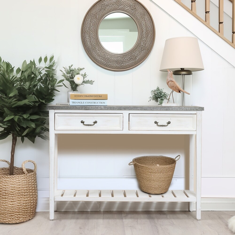 Farmhouse Distressed White Wood and Galvanize Top Console Table   31.5\