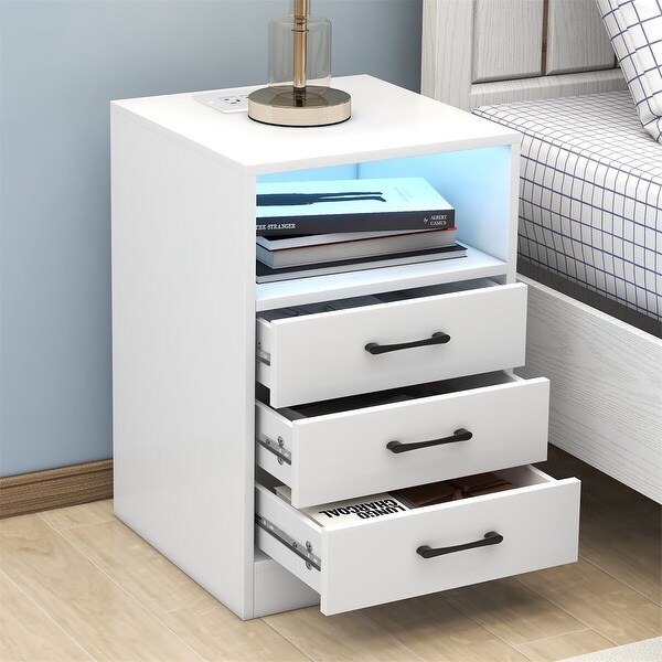 Merax 3-Drawer Nightstand with USB Charging Ports， Wireless Charging， Remote Control LED Light - - 36394235