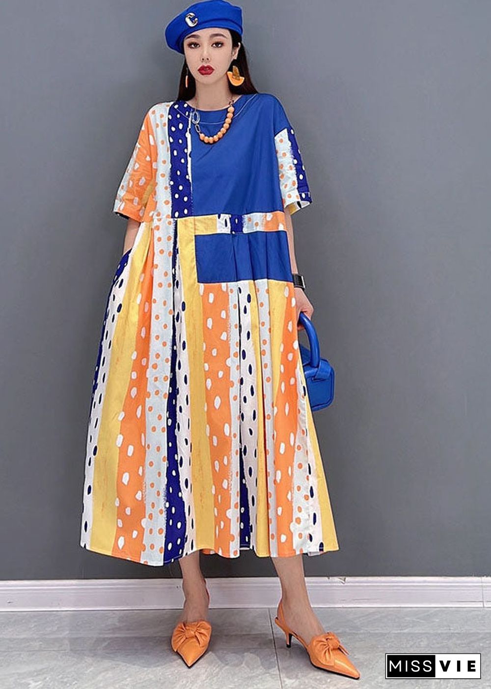 Women Blue Dot Print Patchwork Cotton Pleated Long Dress Short Sleeve