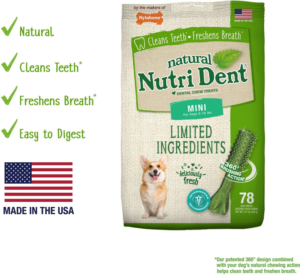 Nylabone Nutri Dent Limited Ingredients Fresh Breath Natural Dental Dog Treats， Mini， 78 count