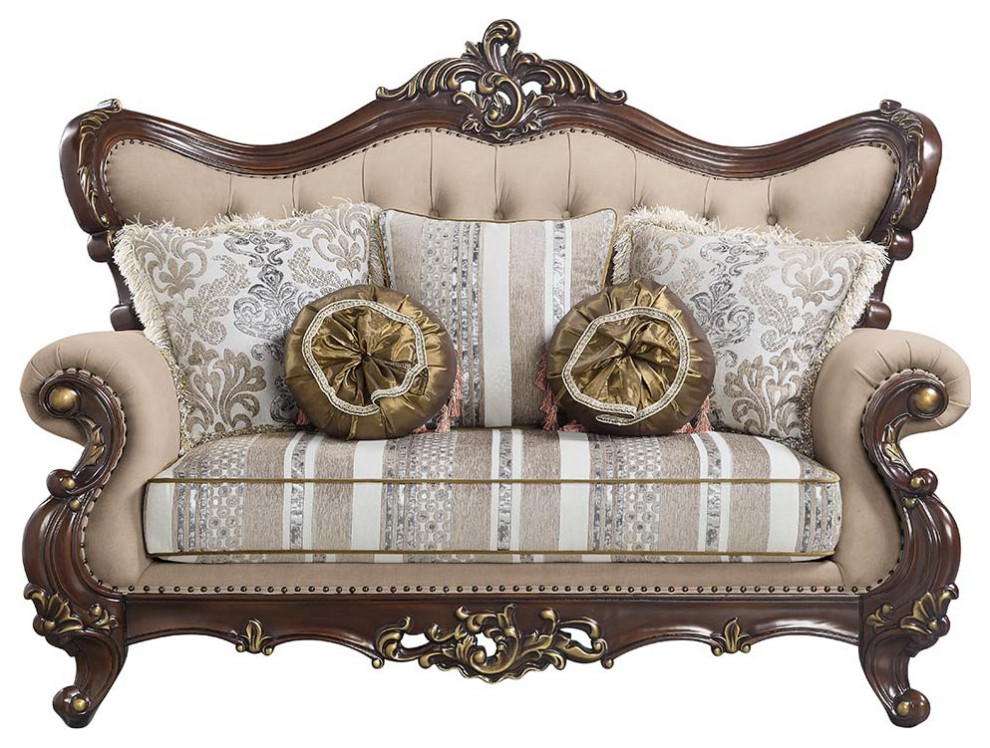 Acme Ragnar Loveseat With 5 Pillows Light Brown Linen and Cherry Finish   Victorian   Loveseats   by AMOC  Houzz