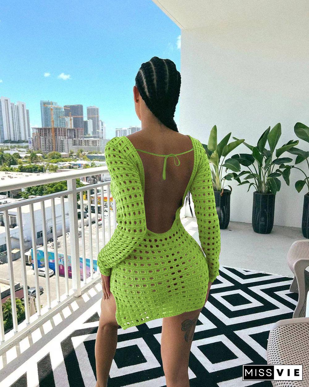 Hollow Out Backless Long Sleeve Sexy Short Dresses