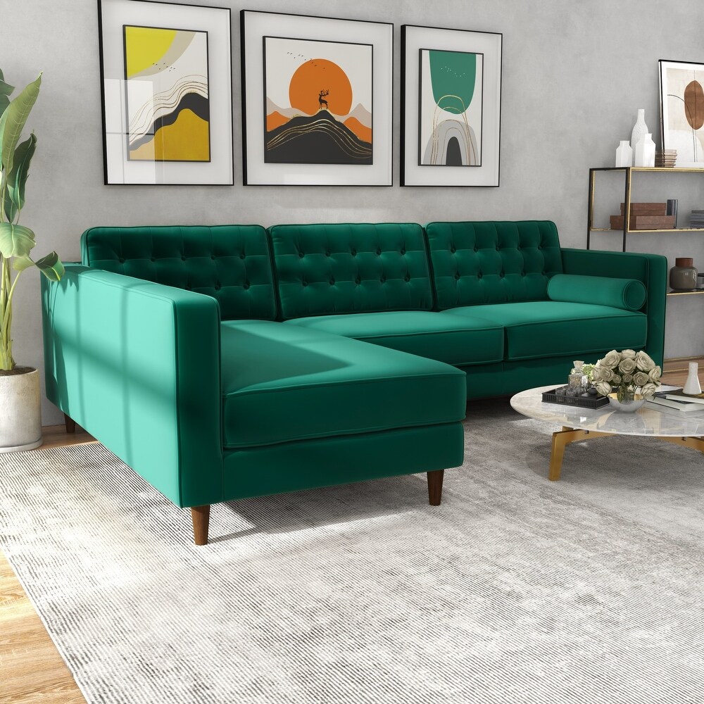 Ora Tufted Modern Living Room Velvet Corner Sectional Sofa in Green