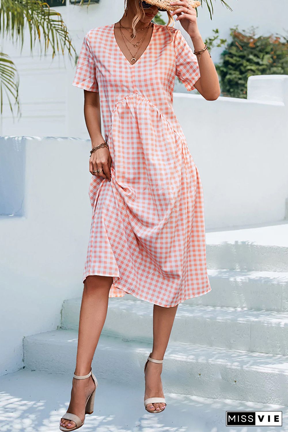 V Neck Plaid Ruffles Loose Midi Dress