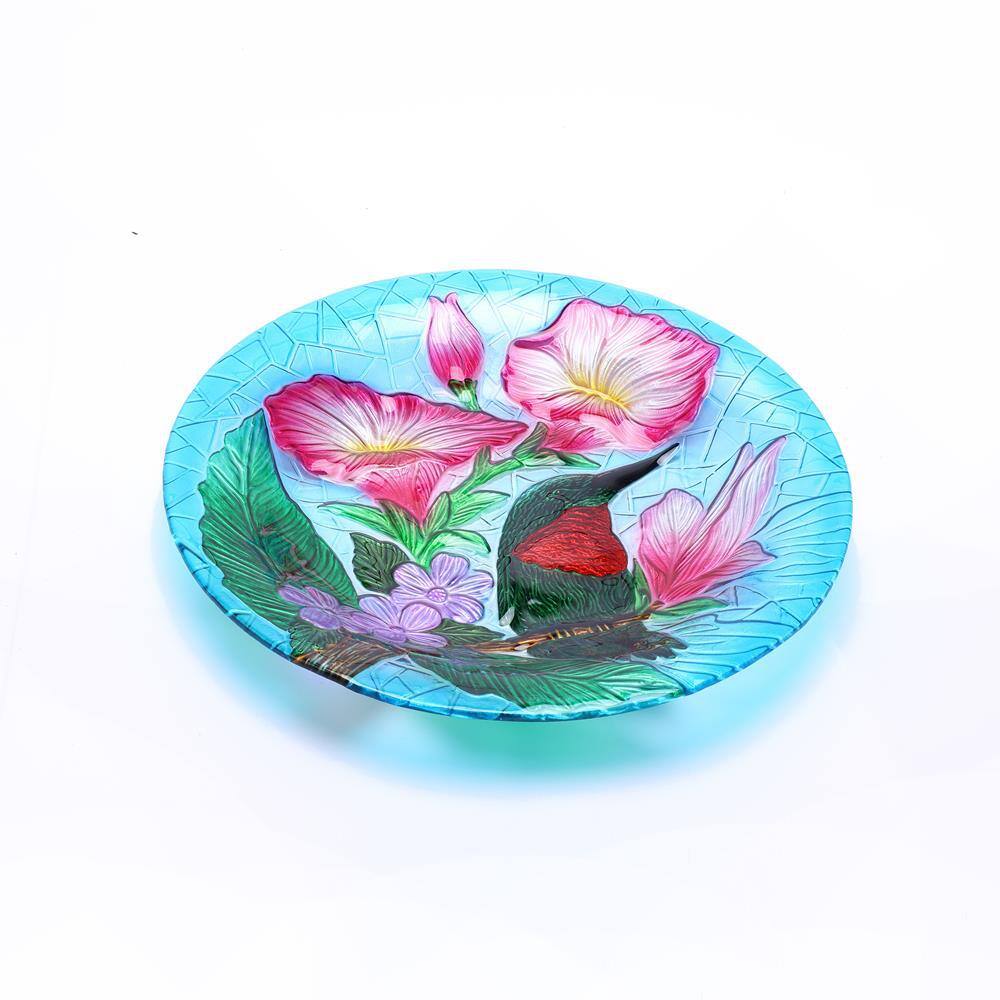 Luxen Home Hummingbird Floral Glass Bird Bath with Metal Stand WHP1521