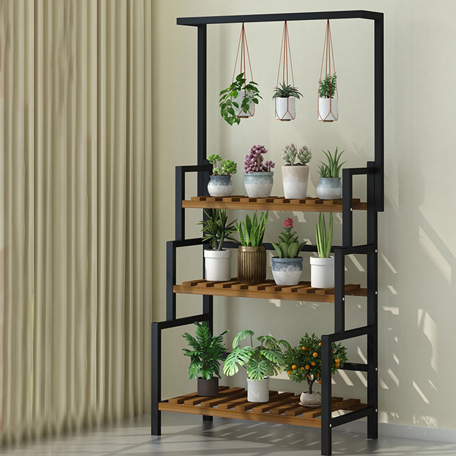 Metal 3 Tier Hanging Plant Stand Indoor Outdoor, Ladder Plant Shelf Multiple Flower Display Stands Planter Rack Folding Shelves for Corner Balcony Window Patio Living Room