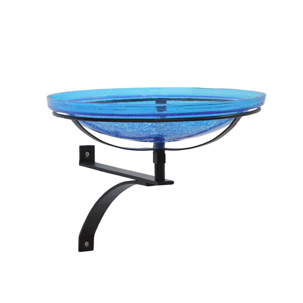 ACHLA DESIGNS 14 in. Dia Round Teal Blue Crackle Glass Birdbath with Black Wrought Iron Wall Mount Bracket CGB-14T-WM2