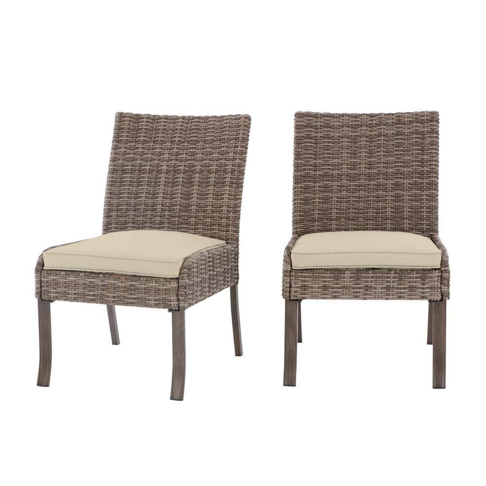 Hampton Bay Windsor Brown Wicker Outdoor Patio Stationary Armless Dining Chair with CushionGuard Biscuit Tan Cushions