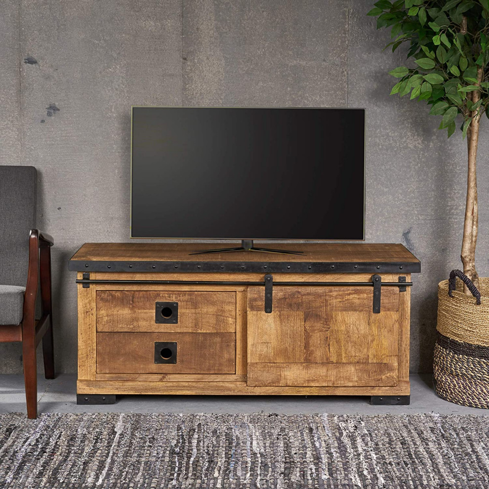 Industrial Entertainment Center  Single Sliding Door  ampStorage Drawers  Natural   Industrial   Entertainment Centers And Tv Stands   by Decorn  Houzz