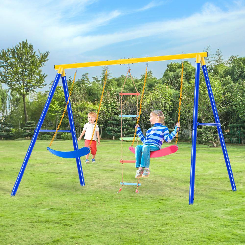 Metal Outdoor Swing Set with Climbing Ladder Swing and Climbing Playset in Blue LN20232282