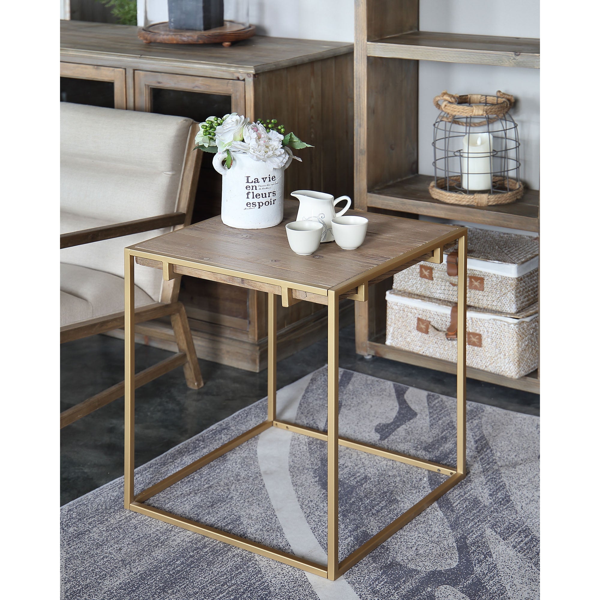 Connexion Decor Portam Reclaimed Elm and Metal Corner Coffee Table in Natural/Brass