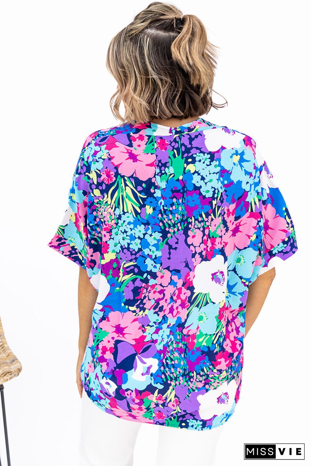 Multicolor V Neck Dolman Sleeve Plus Size Floral Blouse