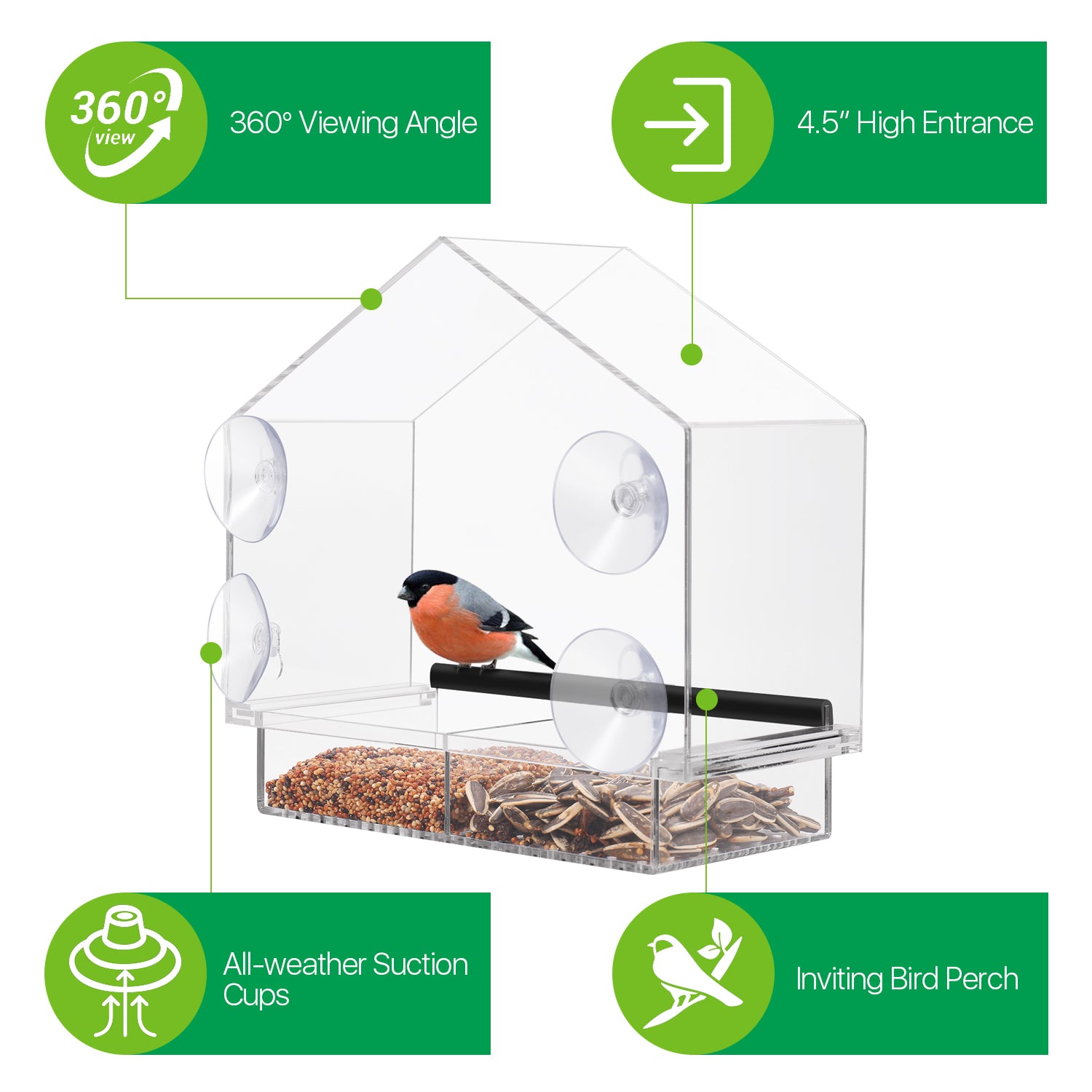 Window Bird Feeders with Strong Suction Cups， Acrylic Clear Bird House to View Large Wild Birds， Cardinal， Finch， and Chickadees， Removable Seed Tray with Drain Holes， Easy Clean， Great Gift