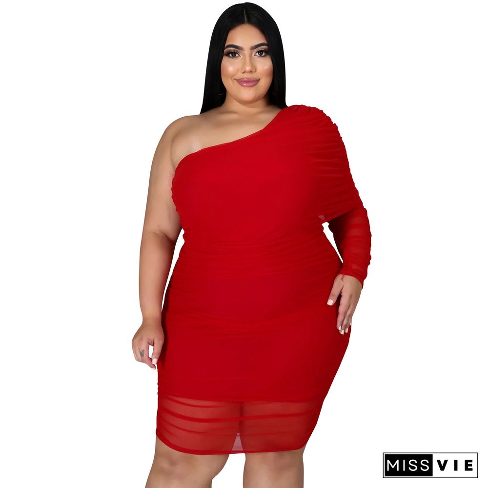 Plus Size Mesh Solid Single Sleeve Bodycon Dress