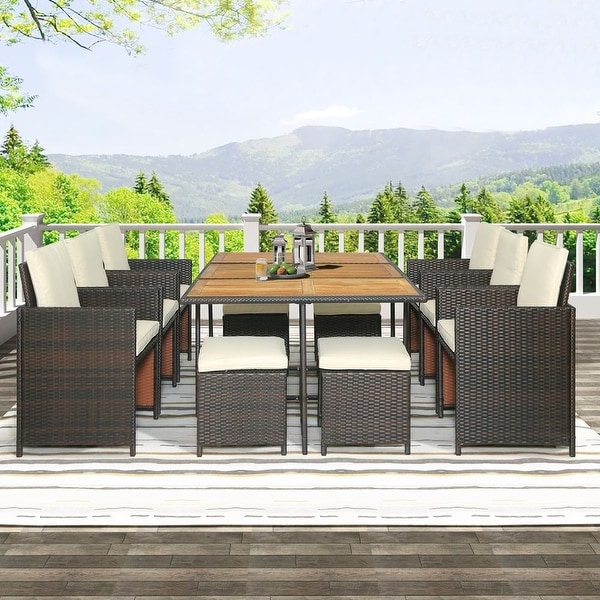 11Piece Patio AllWeather PE Wicker Dining Table Set with Wood Tabletop for 10