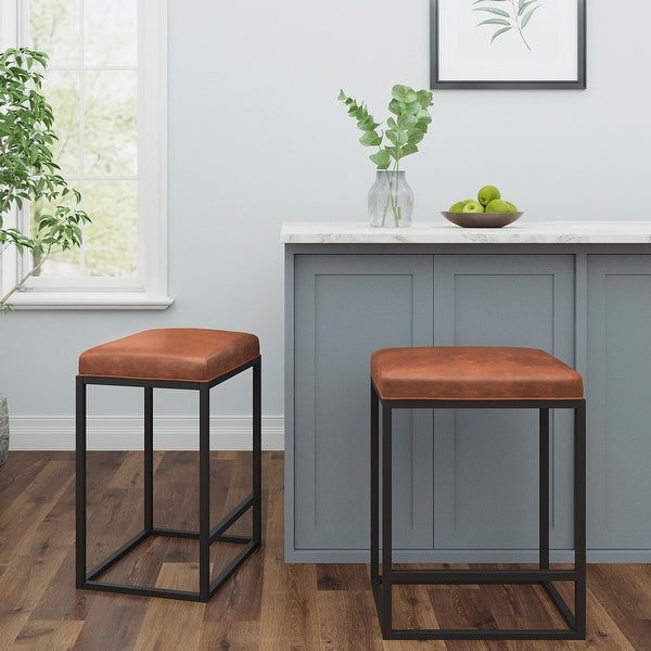 Riley Indoor Metal Faux Leather Bar Stools (Set of 2)