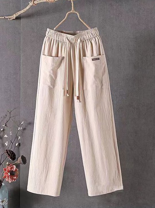 Casual Plain Cotton And Linen Pants