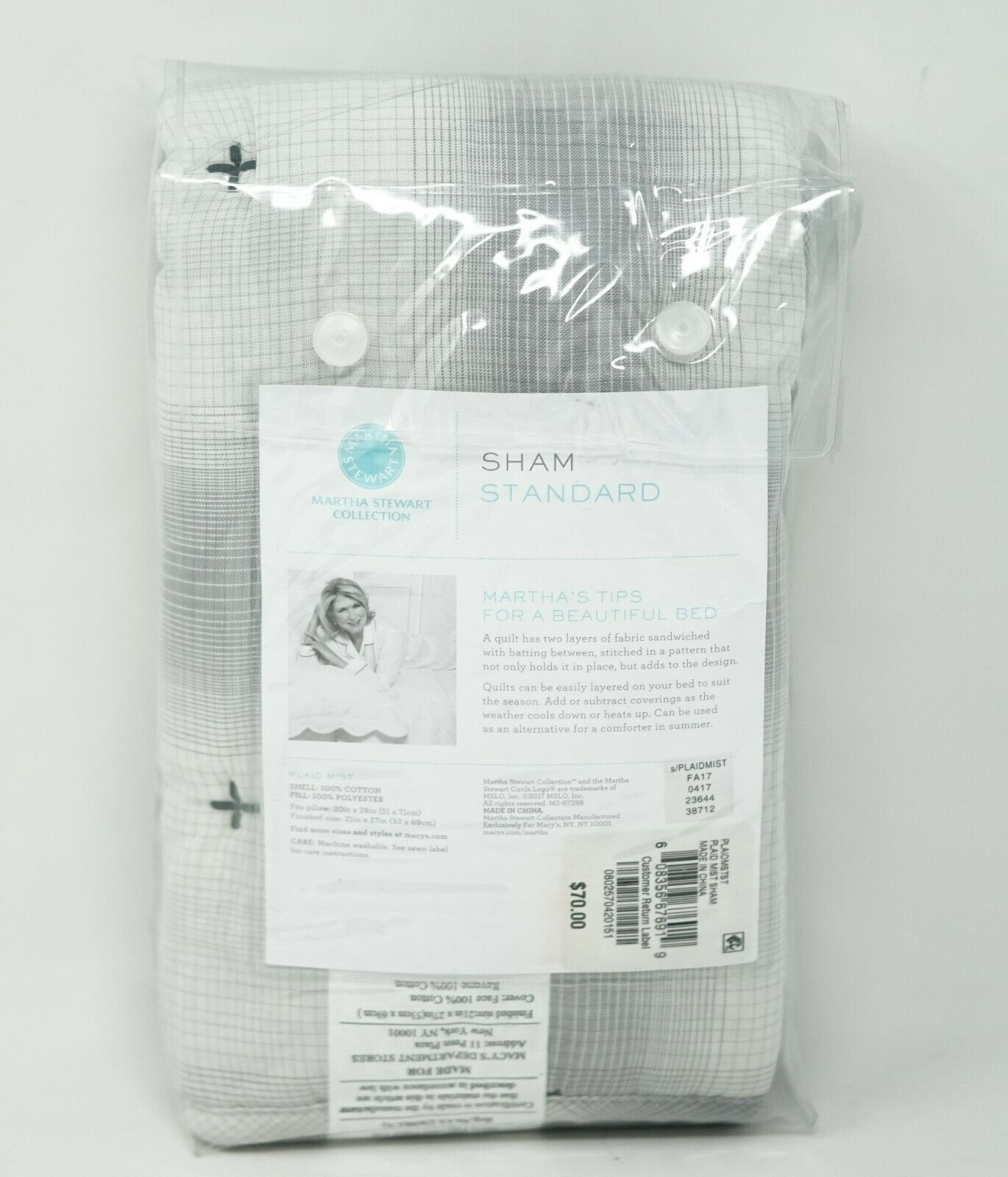 Martha Stewart Cotton Reversible Plaid Mist Quilted Pillow Sham -STANDARD - Gray