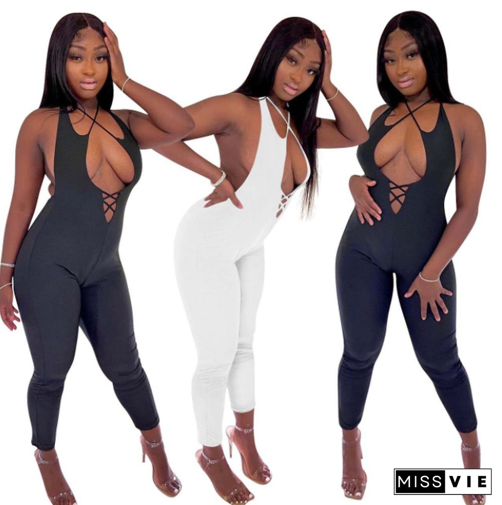 Hollow Out Halter Backless Bodycon Club Jumpsuit