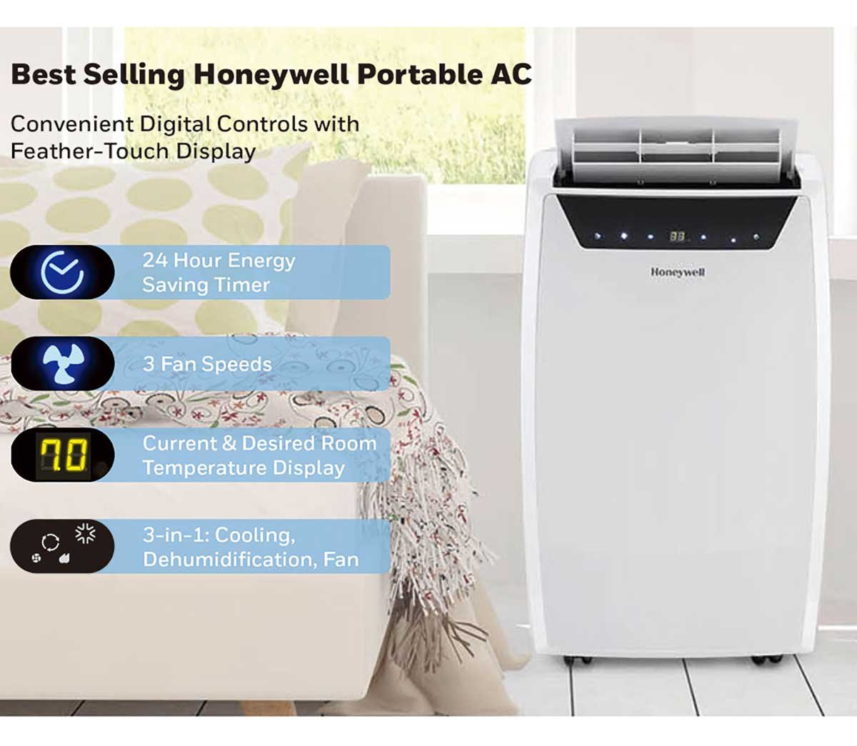 Honeywell 14，000 BTU White Portable Air Conditioner， Dehumidifier and Fan