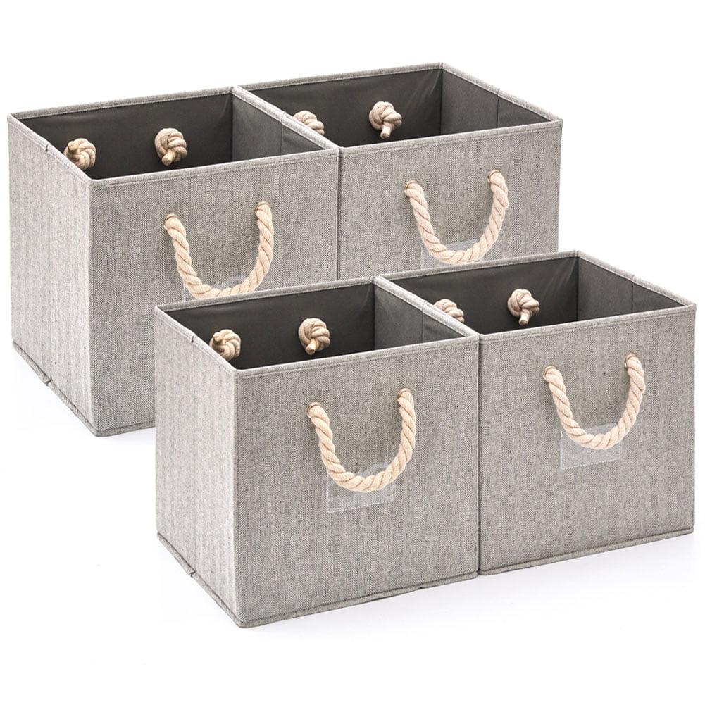 EZOWare [Set of 4] Foldable Fabric Storage Cube Bins with Cotton Rope Handle, Collapsible Resistant Basket Box Organizer for Shelves Closet Toys and More - Gray 12x12x12 inch