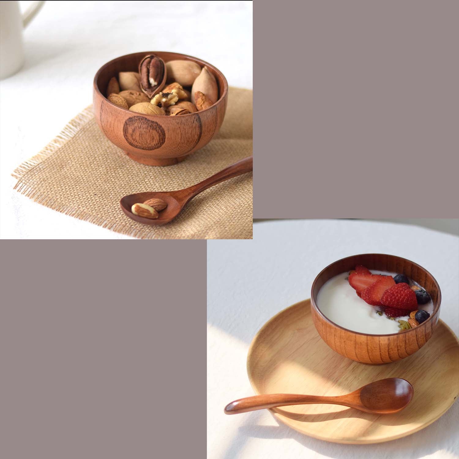 Small Wooden Bowls and Spoons，Portion Control Bowls for Snack， Dessert， Japanese Serving Bowls for Rice， Soup， Solid Wood Bowls for Decor (4 Bowls with 4 Spoons )