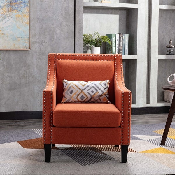 Linen Accent Armchair Living Room With Nailheads And Solid Wood Legs