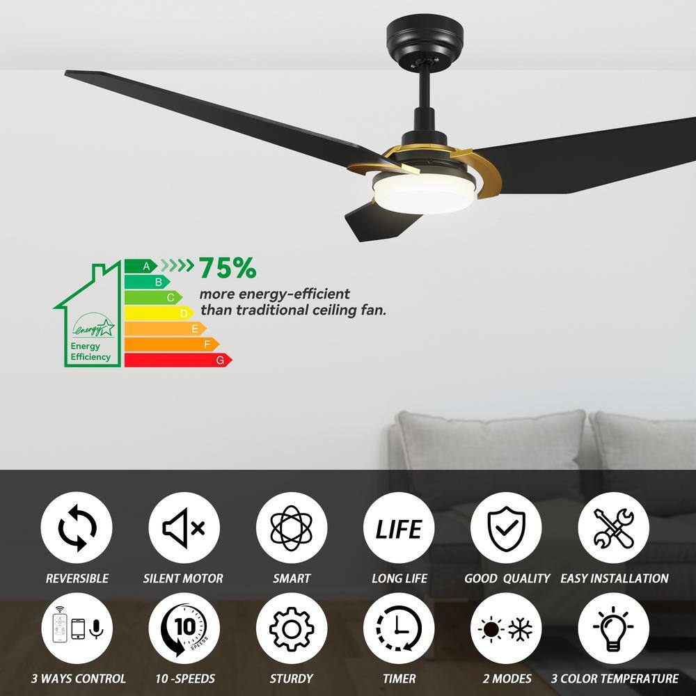 CARRO Brently 56 in. Dimmable LED IndoorOutdoor Black Smart Ceiling Fan with Light and Remote Works w AlexaGoogle Home S563B-L12-B2-1G