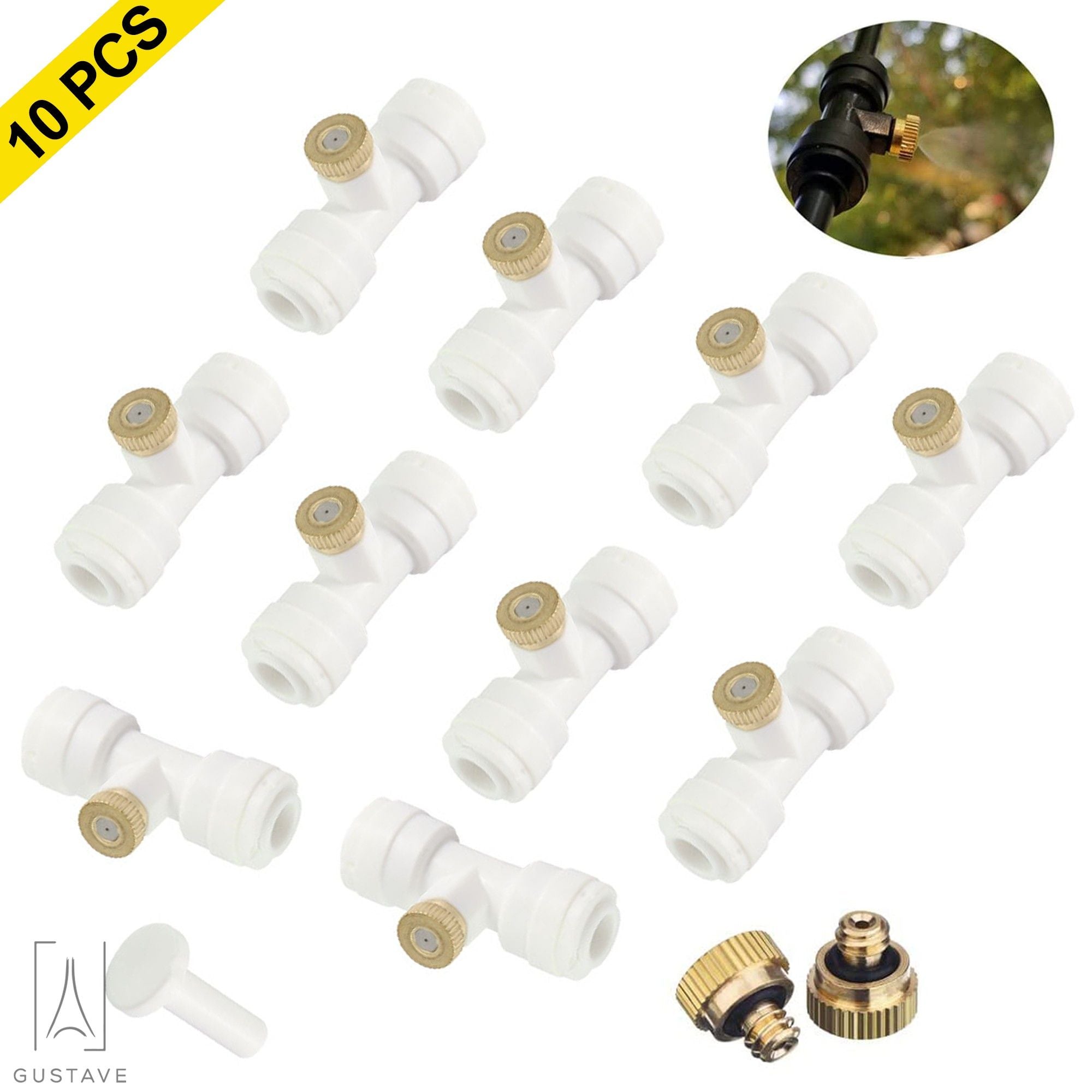 Gustave Misting Nozzles Kit， Outdoor Misting Nozzle Tees 10/24 UNC Tees 10pcs + 0.4mm Orifice Nozzle 10pcs and 1Plug， for Outdoor Cooling System 