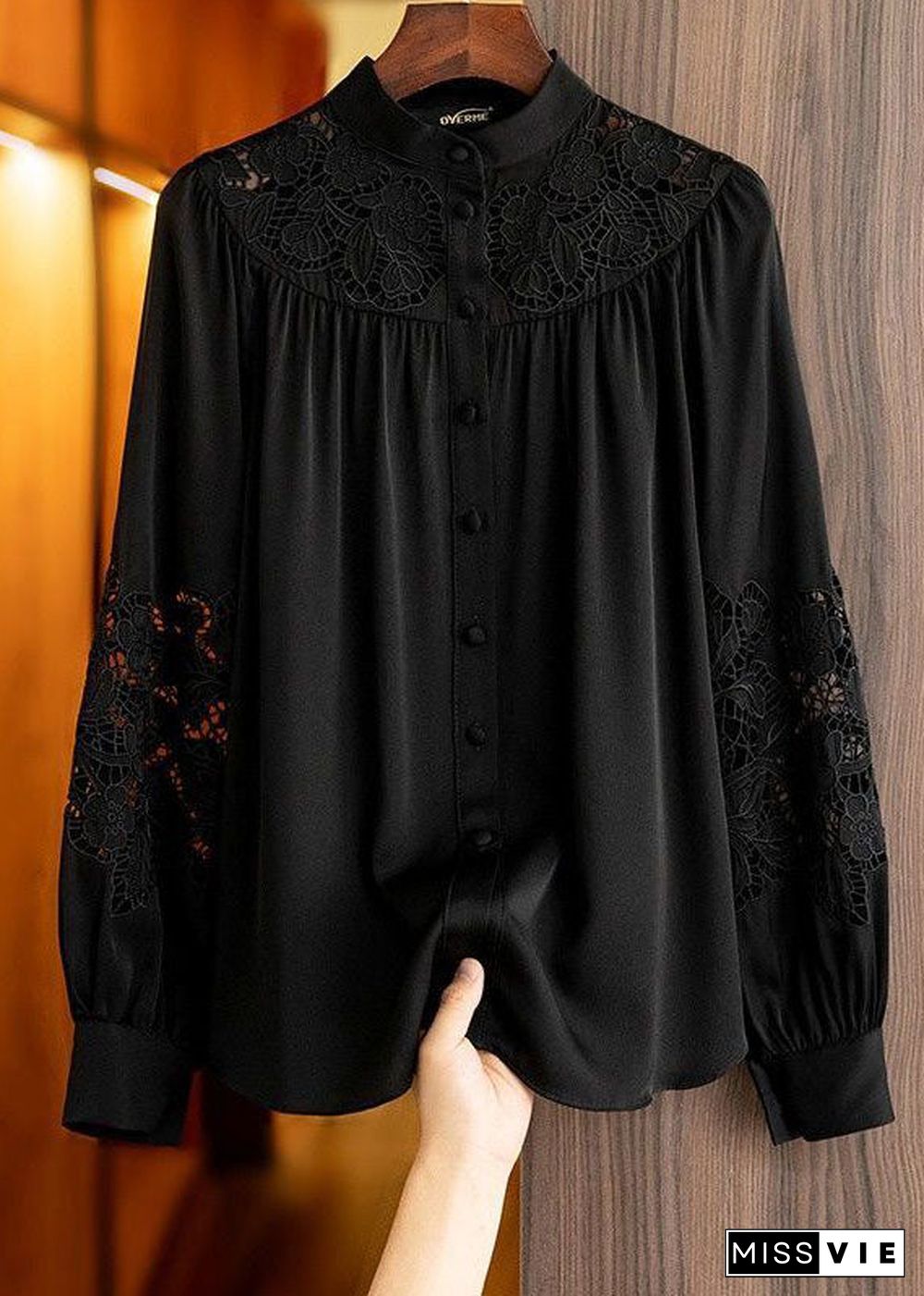 Style Apricot Stand Collar Embroideried Hollow Out Chiffon Shirt Long Sleeve