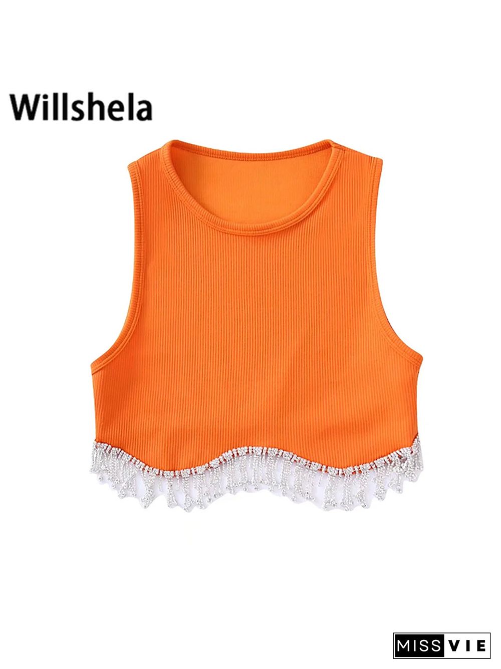 Women Fashion Camis With Beading Hem Cropped Sleeveless Vest Vintage O Neck Female Chic Lady Crop Tank Tops