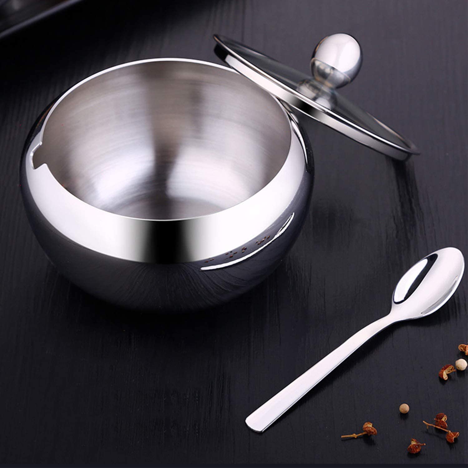 Sugar Bowl， Stainless Steel Drum Shape Sugar Pot with Clear Lid and Spoon， 500 Milliliter(16.9 OZ) for Home and Kitchen