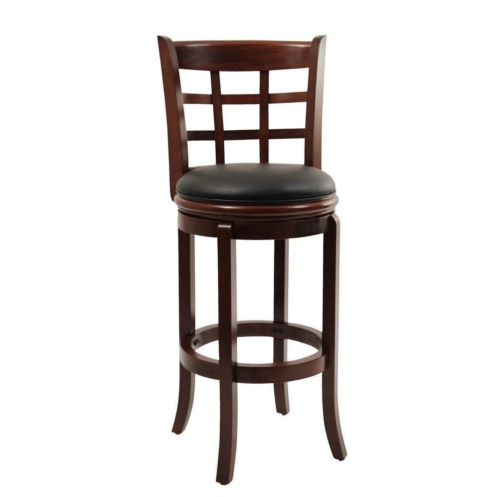 Sabi 24 inch Swivel Counter Stool， Solid Wood， Faux Leather， Brown， Black - 19.5 L x 18 W x 43.5 H