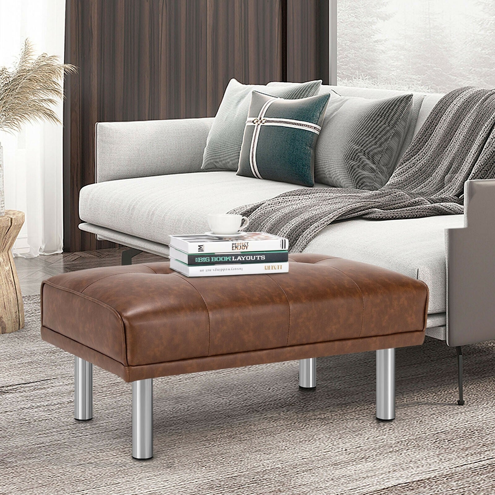 Tufted Ottoman, Rectangle Footrest Stool with Stainless Steel Legs