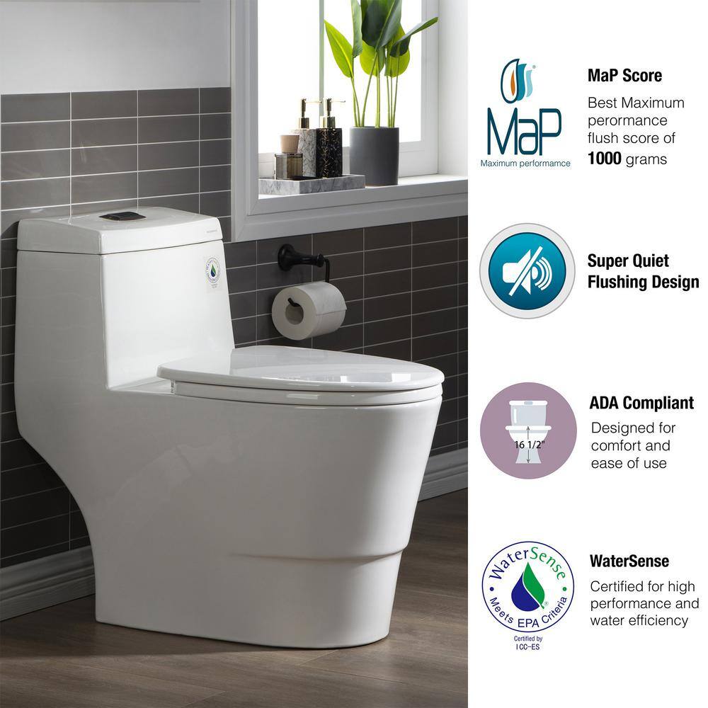 WOODBRIDGE Everette 1-piece 1.1 GPF  1.6 GPF Dual Flush Elongated Toilet in White with Seat Included and Oil Rubbed Bronze Button HB0940-ORB