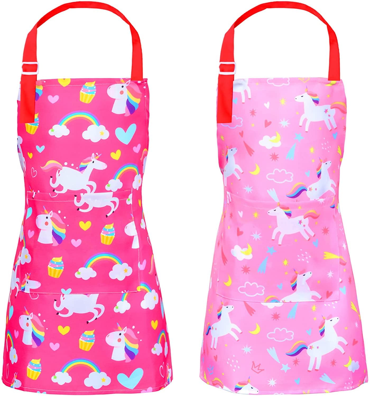 Sylfairy Aprons for Kids Girls with Hat and Big Pocket Kitchen Chef Aprons Smock for Cooking Baking and Gardening (Pink+Rose Red， S， 3-5Years)