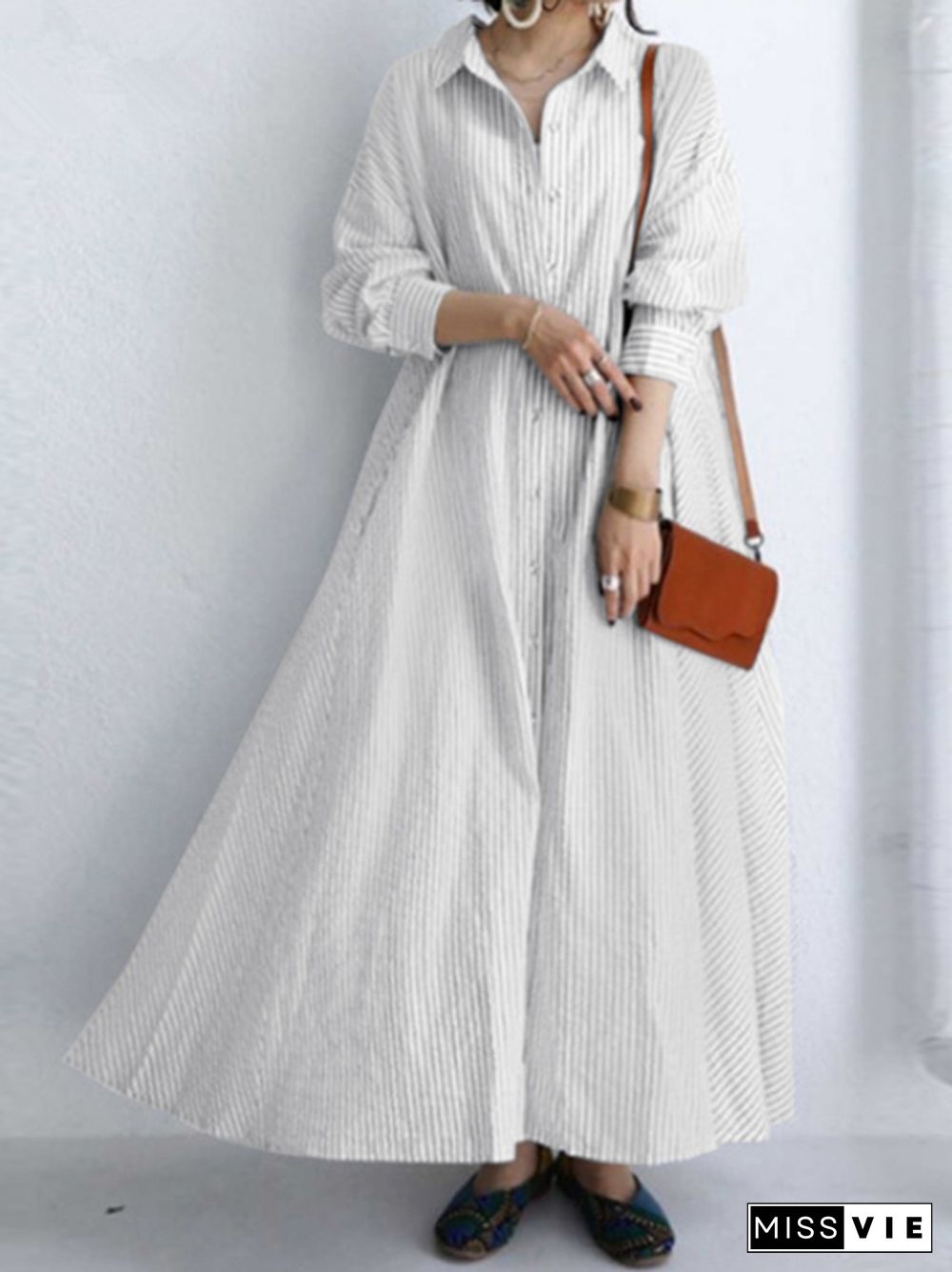 A-Line Long Sleeves Buttoned Striped Lapel Maxi Dresses Shirt Dress