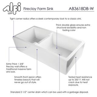 ALFI BRAND Smooth Farmhouse Apron Fireclay 36 in. Double Basin Kitchen Sink in White AB3618DB-W