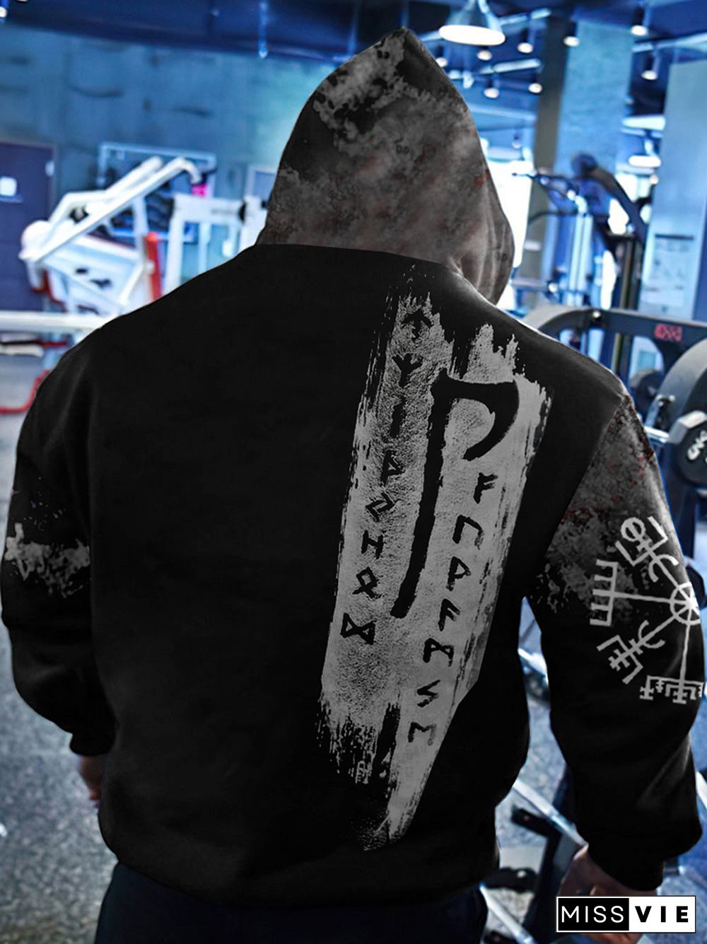 Asymmetrical Design Viking Axe Totem Graphics Hoodie