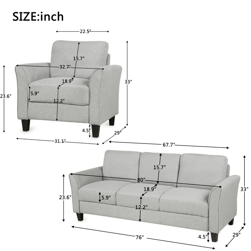 2 Piece Living Room Sofa Set  Fabric Upholstered  Solid Manufactured Frame  Cushion Backres  Durable Feet  Flared Armrests