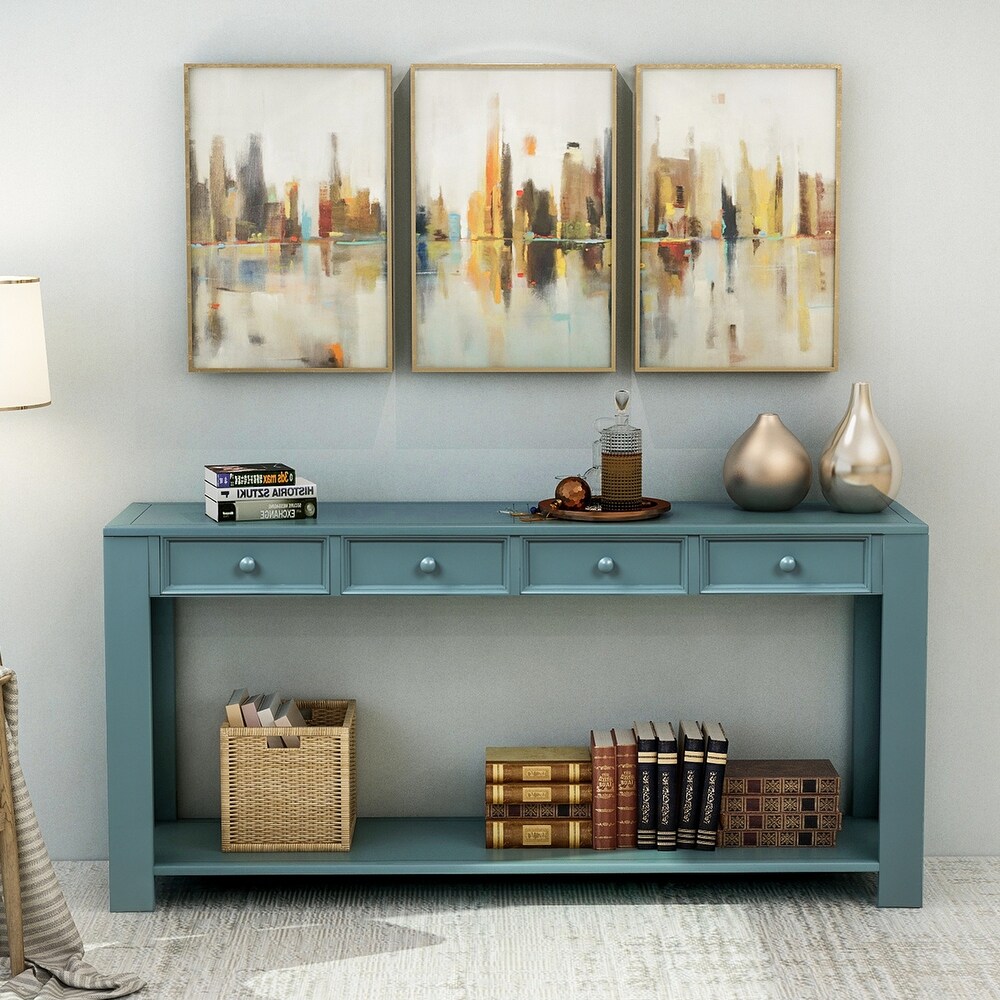 Dark Blue Wooden Entryway Hallway Sofa Console Table with 4 Drawers