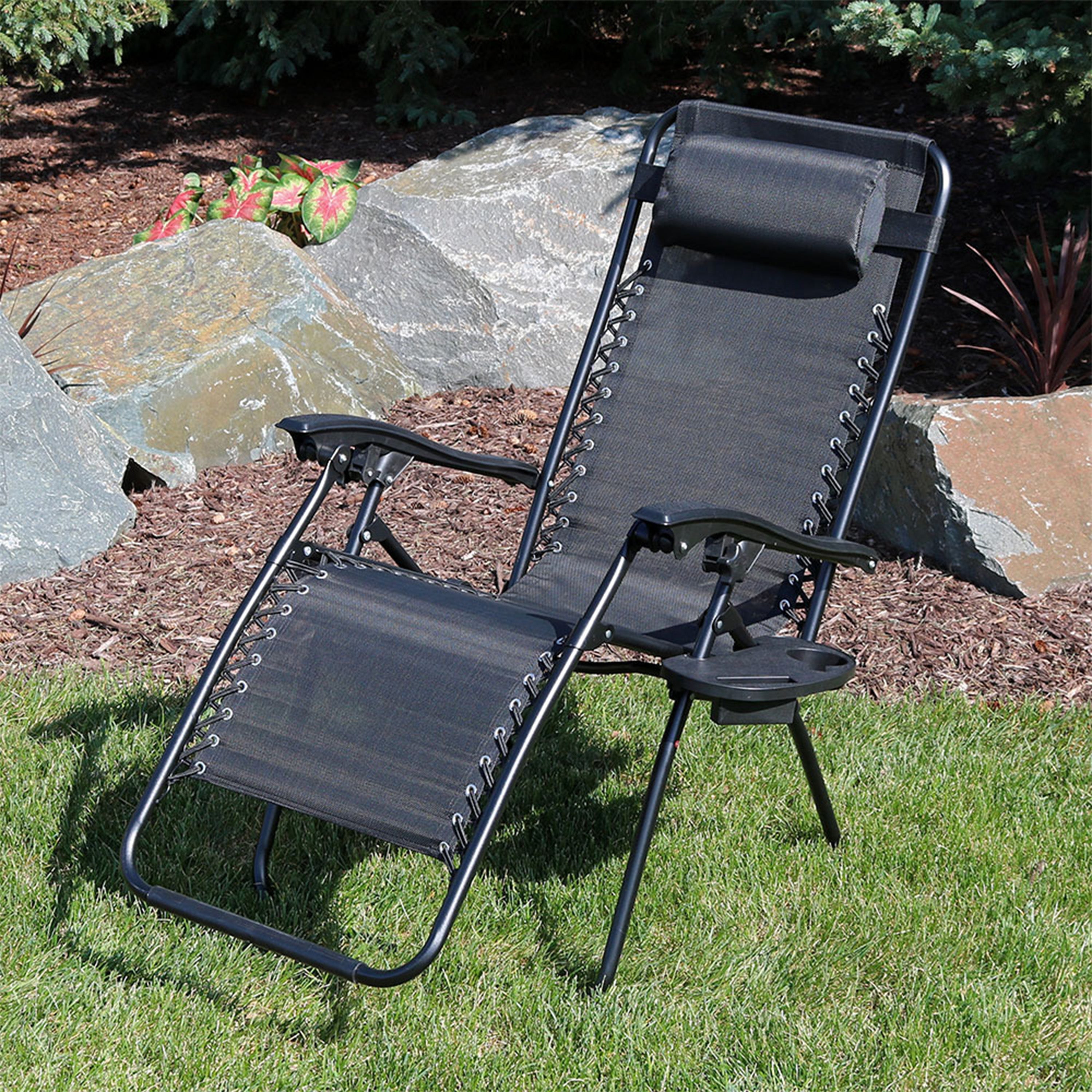 Sunnydaze Fade-Resistant Folding Outdoor Zero Gravity Lounge Chair with Pillow and Cup Holder - Black