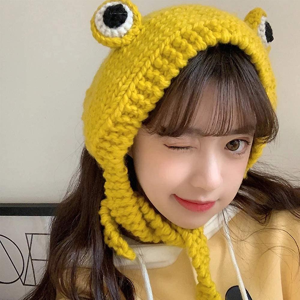 Frog Hat Crochet Knitted Hat Outdoors Autumn Big Eye Frog Knitted Winter Cute Ear Protective Beanie Hats Knitted Caps(coffee) Coffee -