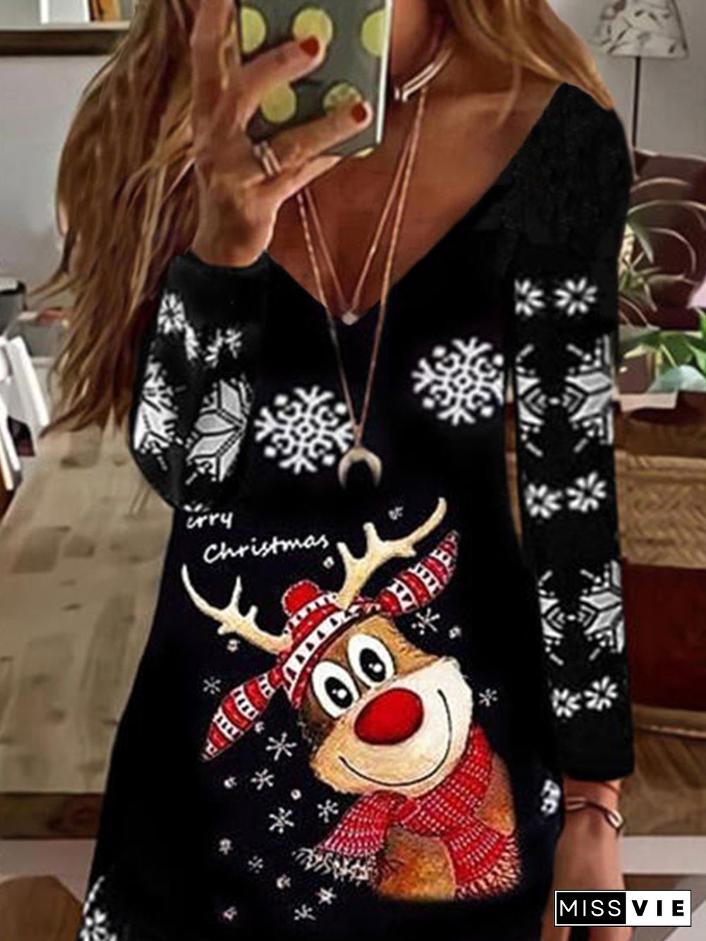 Vintage Christmas Snow Elk Long Sleeve V Neck Plus Size Casual Knitting Dress