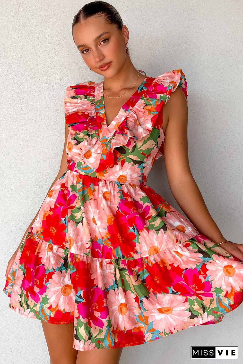 Red Floral Sleeveless V Neck Frill Mini Dress