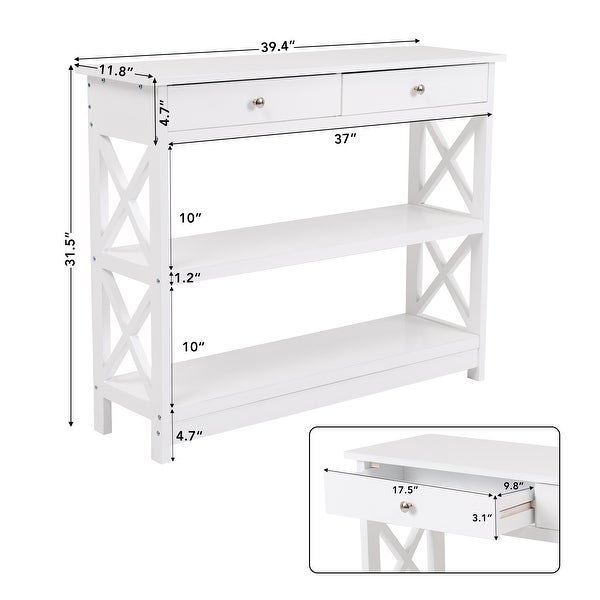 White 3-Tier Console Table with 2 Drawers and 2 Shelves